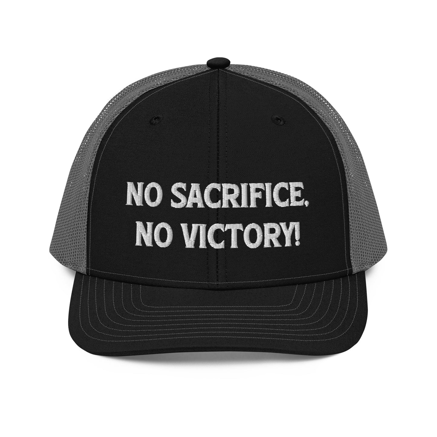 No Sacrifice No Victory Embroidered Trucker Cap, Color: Black and Grey mesh with white embroidery